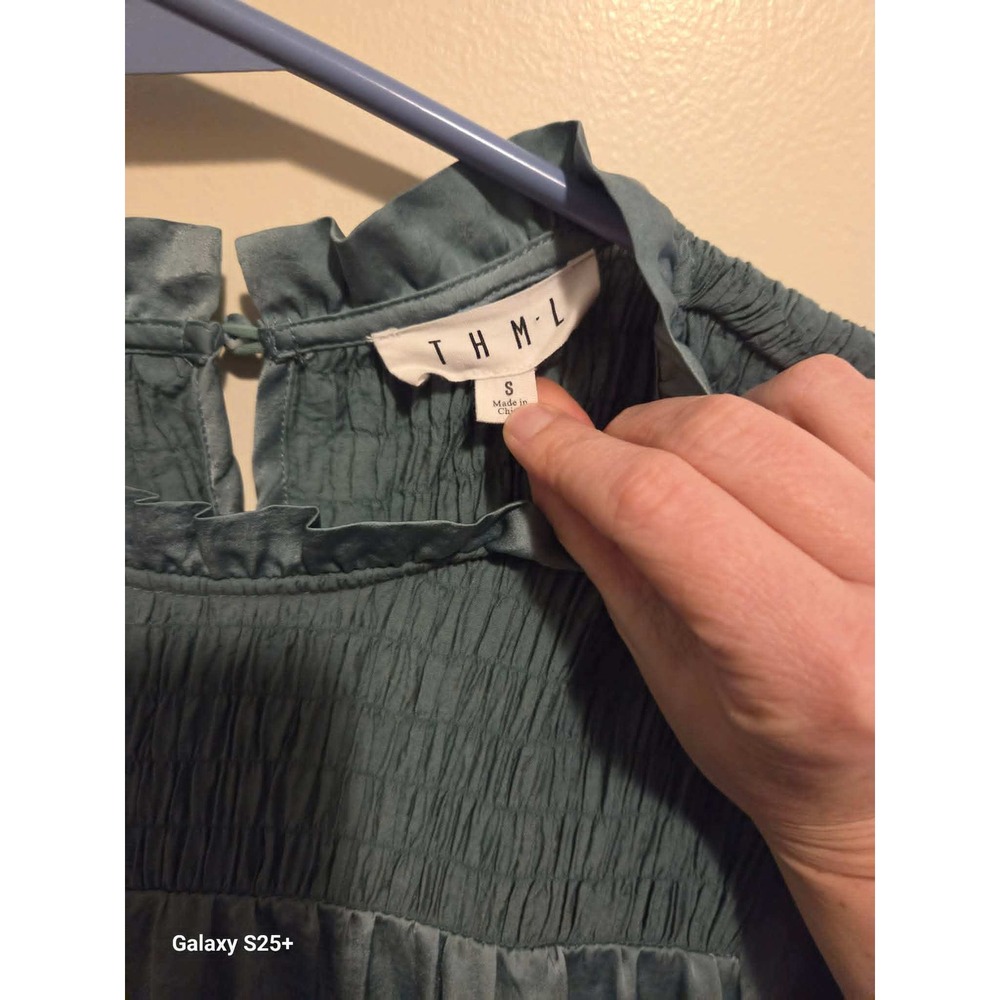 THML Tiered Babydoll Dress Womens Small Sage Green Good Smocked Ruffle Mini - Picture 3 of 4